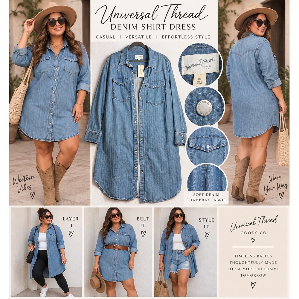 Universal Thread Denim Shirt Dress XXL Light Wash Western Chambray Snap Front
